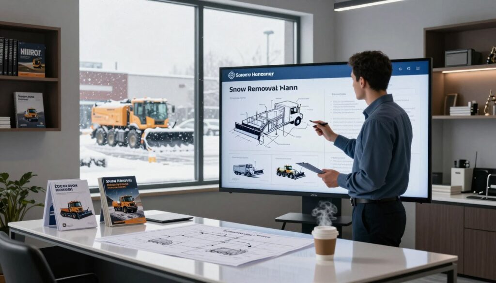 A professional property manager in a stylish office, reviewing a detailed commercial snow removal plan on a large digital screen. The foreground features a glossy, modern desk cluttered with blueprints, snow removal vehicle brochures, and a steaming cup of coffee. In the middle ground, a window reveals a winter landscape with heavy snowfall covering a commercial parking lot outside. Snow removal equipment is visible, showcasing plows and trucks ready for action. Soft, ambient lighting highlights the professionalism and urgency of winter preparations. The background includes a bookshelf filled with industry manuals, creating an atmosphere of expertise and readiness for safe property management amidst heavy snowfall. A professional property manager in a stylish office, reviewing a detailed commercial snow removal plan on a large digital screen. The foreground features a glossy, modern desk cluttered with blueprints, snow removal vehicle brochures, and a steaming cup of coffee. In the middle ground, a window reveals a winter landscape with heavy snowfall covering a commercial parking lot outside. Snow removal equipment is visible, showcasing plows and trucks ready for action. Soft, ambient lighting highlights the professionalism and urgency of winter preparations. The background includes a bookshelf filled with industry manuals, creating an atmosphere of expertise and readiness for safe property management amidst heavy snowfall.