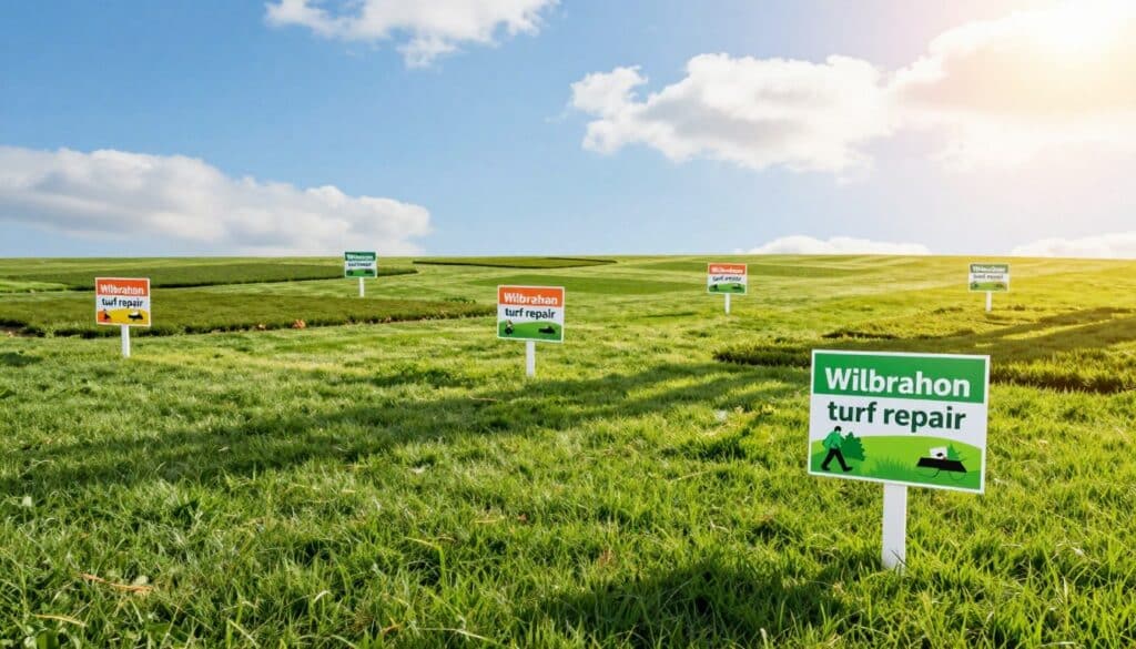 A scenic view of a well-maintained lawn featuring several "Wilbraham turf repair" signs in vibrant colors, strategically placed throughout the landscape. In the foreground, the signs stand out against freshly mowed grass, each sign displaying unique graphics of lawn care tips. In the middle ground, a lush green lawn displays various patches of healthy turf, some with slight wear indicating areas needing repair. The background includes a bright blue sky with a few fluffy clouds, casting soft shadows on the ground. The lighting is warm and inviting, resembling a sunny afternoon. The atmosphere is peaceful and educational, ideal for a guide on lawn renovation, with an emphasis on a thriving lawn ecosystem. A scenic view of a well-maintained lawn featuring several "Wilbraham turf repair" signs in vibrant colors, strategically placed throughout the landscape. In the foreground, the signs stand out against freshly mowed grass, each sign displaying unique graphics of lawn care tips. In the middle ground, a lush green lawn displays various patches of healthy turf, some with slight wear indicating areas needing repair. The background includes a bright blue sky with a few fluffy clouds, casting soft shadows on the ground. The lighting is warm and inviting, resembling a sunny afternoon. The atmosphere is peaceful and educational, ideal for a guide on lawn renovation, with an emphasis on a thriving lawn ecosystem.