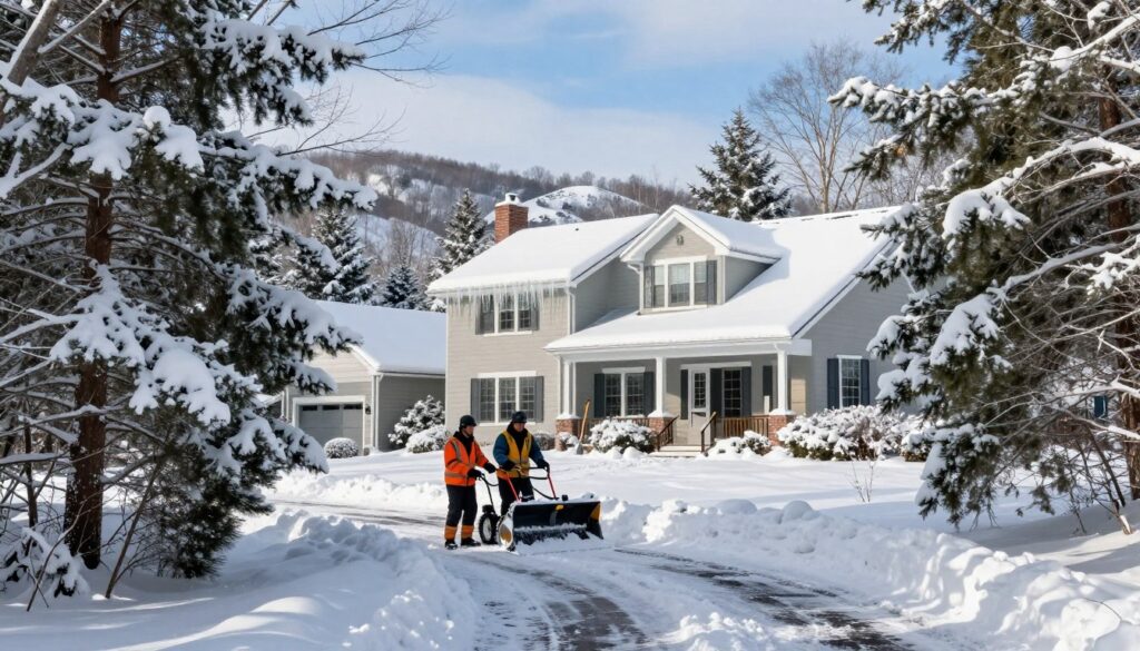 A scenic winter property in Wilbraham, MA, showcasing the importance of snow removal for safety. In the foreground, a professional snow removal crew in warm, professional attire operates a snowplow, clearing a driveway surrounded by beautifully snow-laden pine trees. In the middle ground, a modern, well-maintained home stands with icicles hanging from the eaves, while a shovel leans against the porch. In the background, gentle hills capped with fresh snow stretch toward a clear blue sky, suggesting a serene winter day. The lighting is bright and natural, highlighting the glimmering snow and creating a cozy yet vigilant atmosphere. The lens captures a wide angle to encompass the whole scene, emphasizing both safety and the beauty of winter. A scenic winter property in Wilbraham, MA, showcasing the importance of snow removal for safety. In the foreground, a professional snow removal crew in warm, professional attire operates a snowplow, clearing a driveway surrounded by beautifully snow-laden pine trees. In the middle ground, a modern, well-maintained home stands with icicles hanging from the eaves, while a shovel leans against the porch. In the background, gentle hills capped with fresh snow stretch toward a clear blue sky, suggesting a serene winter day. The lighting is bright and natural, highlighting the glimmering snow and creating a cozy yet vigilant atmosphere. The lens captures a wide angle to encompass the whole scene, emphasizing both safety and the beauty of winter.