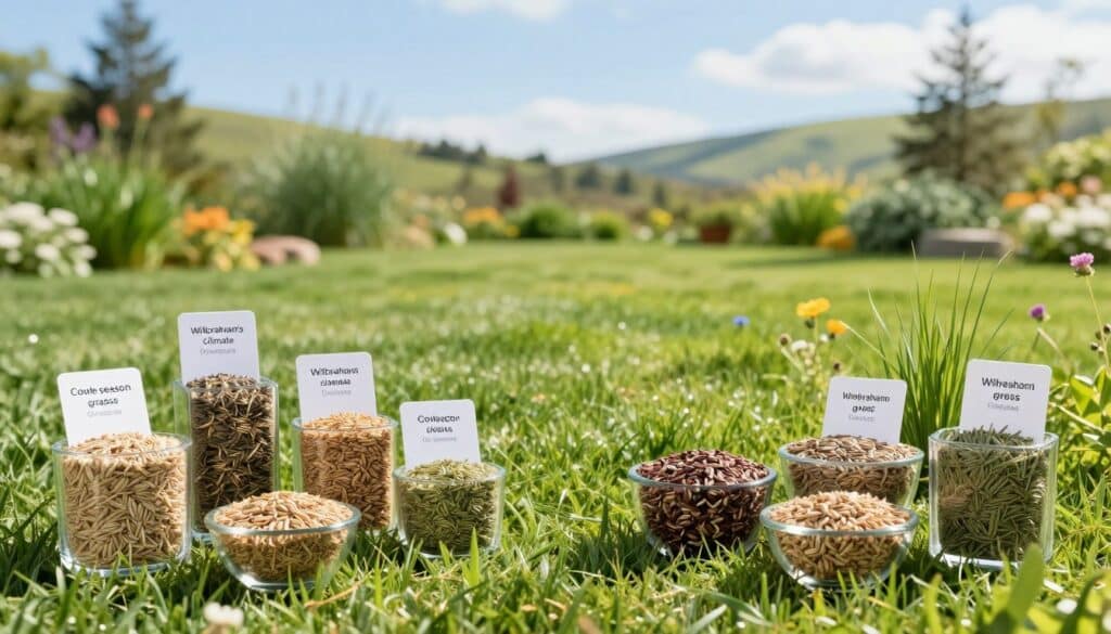 A serene garden setting showcasing a thoughtful selection of cool-season grass seeds ideal for Wilbraham's climate. In the foreground, various types of grass seeds are displayed in elegant glass containers, each labeled with clear tags. The middle ground features a lush, verdant lawn nourished by the selected seeds, with a sprinkling of wildflowers adding visual interest. The background is a soft-focus image of a sunny, blue sky and gentle hills, capturing the essence of a perfect lawn care day. The lighting is bright and natural, casting soft shadows to enhance the textures of the grass and seeds. The atmosphere is calm and inviting, inspiring the viewer to envision their own verdant lawn renovation journey. A serene garden setting showcasing a thoughtful selection of cool-season grass seeds ideal for Wilbraham's climate. In the foreground, various types of grass seeds are displayed in elegant glass containers, each labeled with clear tags. The middle ground features a lush, verdant lawn nourished by the selected seeds, with a sprinkling of wildflowers adding visual interest. The background is a soft-focus image of a sunny, blue sky and gentle hills, capturing the essence of a perfect lawn care day. The lighting is bright and natural, casting soft shadows to enhance the textures of the grass and seeds. The atmosphere is calm and inviting, inspiring the viewer to envision their own verdant lawn renovation journey.