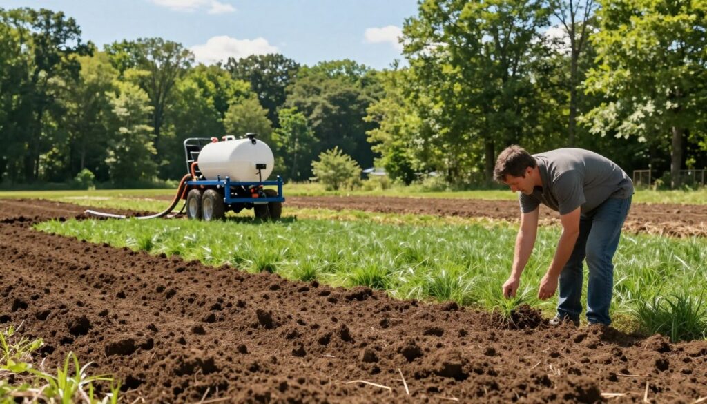 A serene landscape in Wilbraham, Massachusetts, showcasing soil preparation for hydroseeding. In the foreground, a professional in modest casual clothing carefully inspects finely tilled soil, with earthy tones and rich texture visible. In the middle, a modern hydroseeding machine is parked nearby, showcasing hoses and tanks ready for operation. Vibrant green grass seed mix is spread evenly on the soil, illustrating the hydroseeding process. The background features a lush, wooded area under a bright blue sky with soft, diffused sunlight illuminating the scene, creating an optimistic and industrious atmosphere. The camera angle is slightly elevated, capturing both the foreground details and the surrounding natural beauty. A serene landscape in Wilbraham, Massachusetts, showcasing soil preparation for hydroseeding. In the foreground, a professional in modest casual clothing carefully inspects finely tilled soil, with earthy tones and rich texture visible. In the middle, a modern hydroseeding machine is parked nearby, showcasing hoses and tanks ready for operation. Vibrant green grass seed mix is spread evenly on the soil, illustrating the hydroseeding process. The background features a lush, wooded area under a bright blue sky with soft, diffused sunlight illuminating the scene, creating an optimistic and industrious atmosphere. The camera angle is slightly elevated, capturing both the foreground details and the surrounding natural beauty.