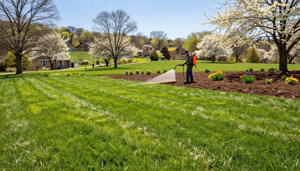 A serene landscape of Wilbraham, Massachusetts, during the ideal hydroseeding season. In the foreground, a lush, freshly hydroseeded lawn with vibrant green grass, showcasing the smooth texture and a rich color variation. In the middle ground, a professional landscaper in modest casual clothing carefully applying hydroseed with a large sprayer, surrounded by rich soil and a few colorful wildflowers. The background features blooming trees and gentle rolling hills under a clear blue sky, illuminated by warm sunlight, creating a bright and hopeful atmosphere. The scene is captured at eye level, using a wide-angle lens to emphasize the expansive beauty of the area, inspiring thoughts of growth and renewal. A serene landscape of Wilbraham, Massachusetts, during the ideal hydroseeding season. In the foreground, a lush, freshly hydroseeded lawn with vibrant green grass, showcasing the smooth texture and a rich color variation. In the middle ground, a professional landscaper in modest casual clothing carefully applying hydroseed with a large sprayer, surrounded by rich soil and a few colorful wildflowers. The background features blooming trees and gentle rolling hills under a clear blue sky, illuminated by warm sunlight, creating a bright and hopeful atmosphere. The scene is captured at eye level, using a wide-angle lens to emphasize the expansive beauty of the area, inspiring thoughts of growth and renewal.