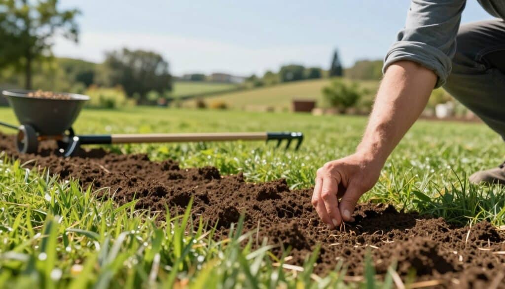 A serene lawn renovation scene showcasing a lush green yard in the foreground, focusing on a gardener sowing grass seed by hand. The middle ground features freshly turned rich brown soil, with a garden rake and seed spreader nearby, indicating preparation. In the background, a gently rolling landscape includes trees and a clear blue sky, creating a bright and inviting atmosphere. The lighting is warm and natural, with soft sunlight illuminating the scene, enhancing the colors of the greenery and earth. Use a slightly low angle to emphasize the act of seeding and the detail of the soil texture. The mood is peaceful and productive, reflecting a harmonious connection to nature and care for the environment. A serene lawn renovation scene showcasing a lush green yard in the foreground, focusing on a gardener sowing grass seed by hand. The middle ground features freshly turned rich brown soil, with a garden rake and seed spreader nearby, indicating preparation. In the background, a gently rolling landscape includes trees and a clear blue sky, creating a bright and inviting atmosphere. The lighting is warm and natural, with soft sunlight illuminating the scene, enhancing the colors of the greenery and earth. Use a slightly low angle to emphasize the act of seeding and the detail of the soil texture. The mood is peaceful and productive, reflecting a harmonious connection to nature and care for the environment.