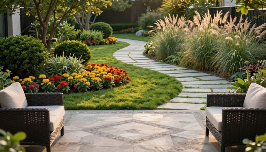 A serene outdoor environment showcasing the contrast between hardscape and landscape elements. In the foreground, a beautifully designed stone patio with geometric patterns, flanked by elegant outdoor furniture, is set under soft, golden hour lighting. The middle ground features landscaped areas with lush green grass, vibrant flower beds, and well-maintained shrubs, providing a lively contrast to the hard surfaces. In the background, a gently sloping pathway made of rustic pavers winds through tall trees and ornamental grasses, creating a sense of depth and tranquility. Capture the scene with a slightly elevated angle to emphasize the textures of the materials and the vibrancy of nature, creating a harmonious atmosphere that reflects the relationship between hardscape and landscape. A serene outdoor environment showcasing the contrast between hardscape and landscape elements. In the foreground, a beautifully designed stone patio with geometric patterns, flanked by elegant outdoor furniture, is set under soft, golden hour lighting. The middle ground features landscaped areas with lush green grass, vibrant flower beds, and well-maintained shrubs, providing a lively contrast to the hard surfaces. In the background, a gently sloping pathway made of rustic pavers winds through tall trees and ornamental grasses, creating a sense of depth and tranquility. Capture the scene with a slightly elevated angle to emphasize the textures of the materials and the vibrancy of nature, creating a harmonious atmosphere that reflects the relationship between hardscape and landscape.