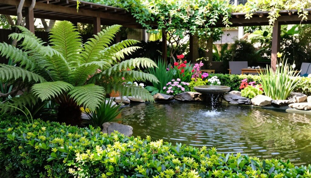 A serene outdoor living space, featuring a lush arrangement of shade privacy plants like tall ferns and leafy hedges in the foreground. A tranquil water feature, such as a small pond with gently flowing water or a classic fountain, sits elegantly amidst vibrant flowers and greenery in the middle ground. In the background, a wooden pergola adorned with climbing vines creates a welcoming ambiance under soft, dappled sunlight. Use natural daylight to enhance the vivid colors of the plants and reflect the water's surface with a slight ripple effect. Capture the scene from a slightly elevated angle to showcase depth, emphasizing the peaceful and inviting atmosphere, perfect for relaxation and privacy in an outdoor retreat. A serene outdoor living space, featuring a lush arrangement of shade privacy plants like tall ferns and leafy hedges in the foreground. A tranquil water feature, such as a small pond with gently flowing water or a classic fountain, sits elegantly amidst vibrant flowers and greenery in the middle ground. In the background, a wooden pergola adorned with climbing vines creates a welcoming ambiance under soft, dappled sunlight. Use natural daylight to enhance the vivid colors of the plants and reflect the water's surface with a slight ripple effect. Capture the scene from a slightly elevated angle to showcase depth, emphasizing the peaceful and inviting atmosphere, perfect for relaxation and privacy in an outdoor retreat.