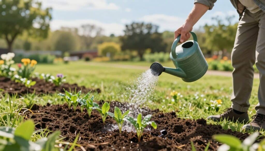A serene outdoor scene showcasing climate-smart watering techniques for new seedlings in a lush lawn renovation setting. In the foreground, a gardener in modest casual clothing gently waters vibrant green seedlings emerging from rich, dark soil using a sustainable watering can. The middle ground features an organized array of small planting plots, each with young grasses and flowers, while the background displays a softly illuminated landscape with mature trees and a clear blue sky, suggesting a warm, sunny day. The lighting should highlight the dewdrops on the seedlings, contributing to a fresh and hopeful atmosphere. Use a shallow depth of field to focus on the watering process, creating a peaceful, nurturing mood that embodies care for the environment and growth. A serene outdoor scene showcasing climate-smart watering techniques for new seedlings in a lush lawn renovation setting. In the foreground, a gardener in modest casual clothing gently waters vibrant green seedlings emerging from rich, dark soil using a sustainable watering can. The middle ground features an organized array of small planting plots, each with young grasses and flowers, while the background displays a softly illuminated landscape with mature trees and a clear blue sky, suggesting a warm, sunny day. The lighting should highlight the dewdrops on the seedlings, contributing to a fresh and hopeful atmosphere. Use a shallow depth of field to focus on the watering process, creating a peaceful, nurturing mood that embodies care for the environment and growth.