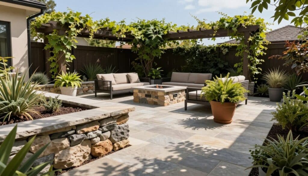 A serene outdoor space featuring various hardscape elements, including a well-structured stone patio, an elegant pathway made of flagstone, and a decorative retaining wall in the foreground. In the middle ground, showcase a fire pit surrounded by modern outdoor furniture, and lush potted plants that provide contrast. The background should have a pergola draped with climbing vines under a clear blue sky, enhancing the peaceful ambiance. Soft, natural lighting illuminates the scene, creating inviting shadows. Capture this setting from a slightly elevated angle to emphasize the layout and depth of the hardscaping features, evoking a feeling of tranquility and sophistication in outdoor living. A serene outdoor space featuring various hardscape elements, including a well-structured stone patio, an elegant pathway made of flagstone, and a decorative retaining wall in the foreground. In the middle ground, showcase a fire pit surrounded by modern outdoor furniture, and lush potted plants that provide contrast. The background should have a pergola draped with climbing vines under a clear blue sky, enhancing the peaceful ambiance. Soft, natural lighting illuminates the scene, creating inviting shadows. Capture this setting from a slightly elevated angle to emphasize the layout and depth of the hardscaping features, evoking a feeling of tranquility and sophistication in outdoor living.