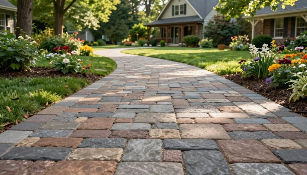 A serene paver walkway design in a suburban setting in Wilbraham, MA, surrounded by lush greenery and blooming flowerbeds. The foreground showcases a detailed pattern of freeze-thaw resistant pavers, with rich, earthy tones and varying textures that emulate natural stone. In the middle ground, the walkway winds gently through a manicured lawn, inviting visitors to explore the garden areas. The background features a quaint house with rustic architecture, partially obscured by trees, filtered sunlight casting soft shadows on the pavers. The atmosphere is calm and inviting, evoking a perfect day for outdoor activities. Use a wide-angle lens to capture the walkway from a low perspective, emphasizing depth. Soft, natural lighting enhances the colors and textures of the scene, highlighting the craftsmanship of the paver design. A serene paver walkway design in a suburban setting in Wilbraham, MA, surrounded by lush greenery and blooming flowerbeds. The foreground showcases a detailed pattern of freeze-thaw resistant pavers, with rich, earthy tones and varying textures that emulate natural stone. In the middle ground, the walkway winds gently through a manicured lawn, inviting visitors to explore the garden areas. The background features a quaint house with rustic architecture, partially obscured by trees, filtered sunlight casting soft shadows on the pavers. The atmosphere is calm and inviting, evoking a perfect day for outdoor activities. Use a wide-angle lens to capture the walkway from a low perspective, emphasizing depth. Soft, natural lighting enhances the colors and textures of the scene, highlighting the craftsmanship of the paver design.