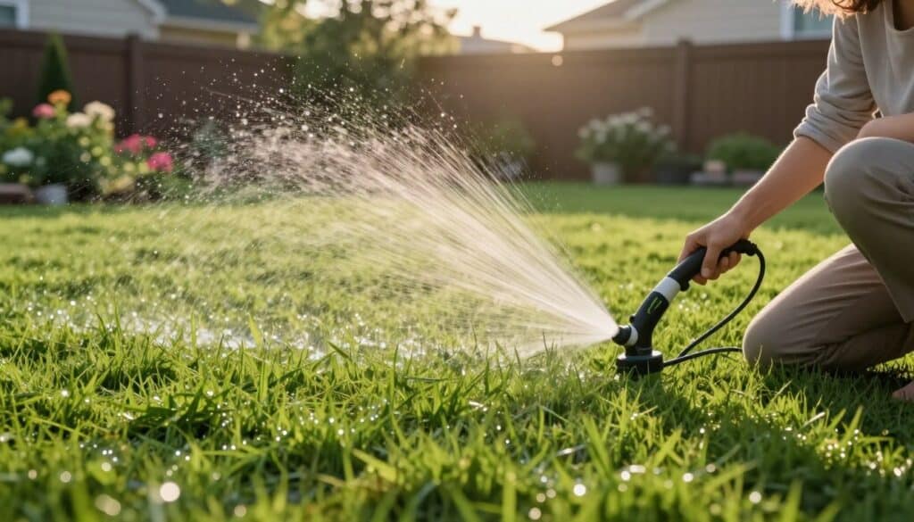 A serene suburban backyard during the early morning, showcasing a freshly laid lawn of vibrant green grass being watered. In the foreground, a person in modest casual clothing kneels on the ground, using a handheld sprinkler to gently soak the new grass. The middle ground features the lush lawn, droplets of water glistening in the soft sunlight, highlighting the texture of the grass. In the background, a well-kept fence and blooming flower beds add to the tranquil atmosphere. The scene is illuminated by warm, golden sunlight creating a peaceful, rejuvenating mood. The camera angle is slightly low, capturing the lushness of the grass while framing the domestic tranquility of the setting. A serene suburban backyard during the early morning, showcasing a freshly laid lawn of vibrant green grass being watered. In the foreground, a person in modest casual clothing kneels on the ground, using a handheld sprinkler to gently soak the new grass. The middle ground features the lush lawn, droplets of water glistening in the soft sunlight, highlighting the texture of the grass. In the background, a well-kept fence and blooming flower beds add to the tranquil atmosphere. The scene is illuminated by warm, golden sunlight creating a peaceful, rejuvenating mood. The camera angle is slightly low, capturing the lushness of the grass while framing the domestic tranquility of the setting.
