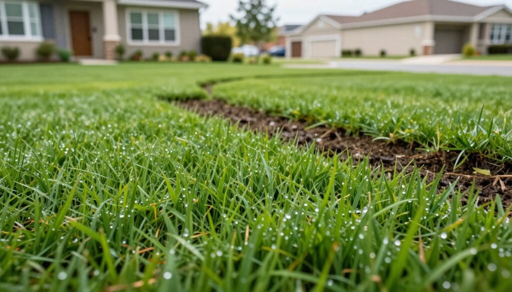 A vibrant and lush residential lawn showcasing the benefits of hydroseeding, featuring a well-maintained yard with rich green grass. In the foreground, display a close-up of healthy grass blades with water droplets, highlighting their vitality. In the middle, depict a well-defined area where hydroseeding has been applied, contrasting freshly seeded patches with established grass. The background features a modern suburban home and a commercial building, both surrounded by vibrant, green lawns. Use soft sunlight to create an inviting atmosphere, capturing the essence of growth and flourishing landscapes. The image should have a shallow depth of field, focusing on the grass while softly blurring the background, conveying a sense of tranquility and professionalism. A vibrant and lush residential lawn showcasing the benefits of hydroseeding, featuring a well-maintained yard with rich green grass. In the foreground, display a close-up of healthy grass blades with water droplets, highlighting their vitality. In the middle, depict a well-defined area where hydroseeding has been applied, contrasting freshly seeded patches with established grass. The background features a modern suburban home and a commercial building, both surrounded by vibrant, green lawns. Use soft sunlight to create an inviting atmosphere, capturing the essence of growth and flourishing landscapes. The image should have a shallow depth of field, focusing on the grass while softly blurring the background, conveying a sense of tranquility and professionalism.