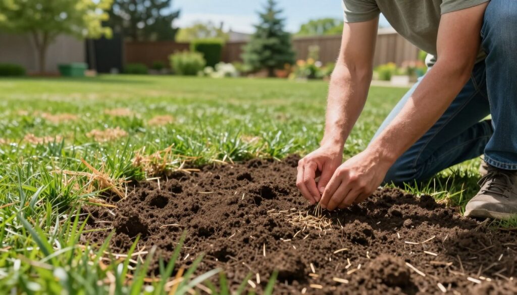 A vibrant backyard scene showcasing the lawn renovation seeding process. In the foreground, a gardener in modest casual clothing is kneeling on a freshly prepared patch of soil, gently scattering grass seeds. The middle ground features a lush green lawn, with some areas still showing signs of renovation, like bare patches and light soil. In the background, there are trees and a bright blue sky, providing a cheerful atmosphere. Soft, natural lighting highlights the texture of the soil and the seeds, while the angle captures the action from slightly above, immersed in the scene. The overall mood is hopeful and productive, illustrating the essential step of achieving strong seed-to-soil contact for a thriving lawn. A vibrant backyard scene showcasing the lawn renovation seeding process. In the foreground, a gardener in modest casual clothing is kneeling on a freshly prepared patch of soil, gently scattering grass seeds. The middle ground features a lush green lawn, with some areas still showing signs of renovation, like bare patches and light soil. In the background, there are trees and a bright blue sky, providing a cheerful atmosphere. Soft, natural lighting highlights the texture of the soil and the seeds, while the angle captures the action from slightly above, immersed in the scene. The overall mood is hopeful and productive, illustrating the essential step of achieving strong seed-to-soil contact for a thriving lawn.
