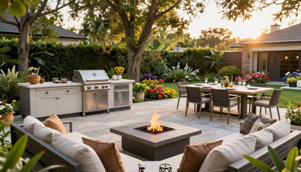 A vibrant outdoor living space designed for functional entertaining, featuring distinct zones for relaxation, dining, and socializing. In the foreground, a stylish patio with comfortable seating arranged around a fire pit, complete with soft cushions and a low coffee table. The middle ground showcases a sleek outdoor kitchen with a modern grill, a spacious dining table adorned with elegant tableware and lush greenery surrounding the space. In the background, a beautifully landscaped garden with colorful flowers and tall trees, bathed in warm golden sunlight to create an inviting atmosphere. The perspective captures the entire layout, emphasizing the seamless flow between the zones, with a slight wide-angle to enhance depth and appeal. A vibrant outdoor living space designed for functional entertaining, featuring distinct zones for relaxation, dining, and socializing. In the foreground, a stylish patio with comfortable seating arranged around a fire pit, complete with soft cushions and a low coffee table. The middle ground showcases a sleek outdoor kitchen with a modern grill, a spacious dining table adorned with elegant tableware and lush greenery surrounding the space. In the background, a beautifully landscaped garden with colorful flowers and tall trees, bathed in warm golden sunlight to create an inviting atmosphere. The perspective captures the entire layout, emphasizing the seamless flow between the zones, with a slight wide-angle to enhance depth and appeal.