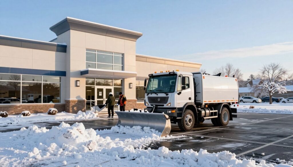 A vibrant winter scene featuring a commercial property undergoing professional snow removal services. In the foreground, a snowplow truck is actively clearing a large parking lot, with piles of freshly plowed snow on either side. Two workers in professional winter attire are shoveling snow from the steps of an entrance, ensuring accessibility. The middle of the image captures the commercial building, a modern, well-lit structure with large glass windows reflecting the soft winter sunlight. In the background, snow-covered trees and a clear blue sky enhance the serene winter atmosphere. The lighting is bright and crisp, evoking a sense of safety and reliability, ideal for winter maintenance. The angle is slightly elevated, showcasing the breadth of the property and the effectiveness of the snow removal services. A vibrant winter scene featuring a commercial property undergoing professional snow removal services. In the foreground, a snowplow truck is actively clearing a large parking lot, with piles of freshly plowed snow on either side. Two workers in professional winter attire are shoveling snow from the steps of an entrance, ensuring accessibility. The middle of the image captures the commercial building, a modern, well-lit structure with large glass windows reflecting the soft winter sunlight. In the background, snow-covered trees and a clear blue sky enhance the serene winter atmosphere. The lighting is bright and crisp, evoking a sense of safety and reliability, ideal for winter maintenance. The angle is slightly elevated, showcasing the breadth of the property and the effectiveness of the snow removal services.