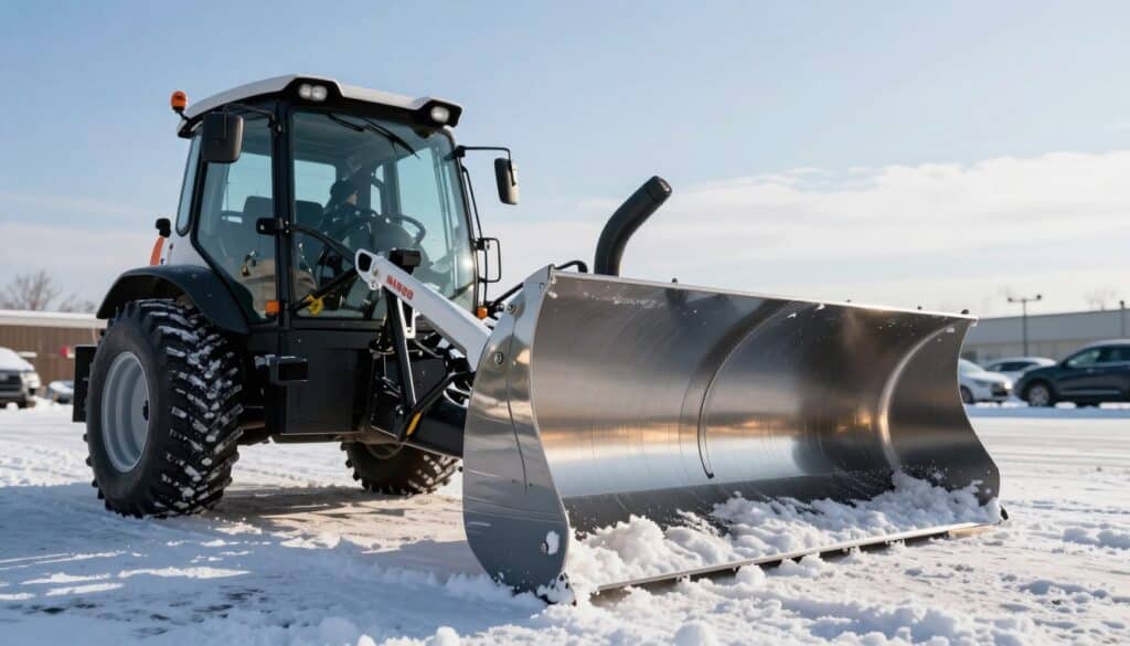 A well-equipped commercial snow removal plow positioned prominently in the foreground, showcasing its robust structure and shiny metallic surface, reflecting light. The plow features a right-sized blade, designed for efficiency and ease of maneuverability, with detailed textures of snow and ice residues. In the middle ground, there are clear views of a snow-covered parking lot, demonstrating the impact of the equipment on maintaining safety. The background reveals a crisp, clear winter sky, with soft sunlight filtering through, casting gentle shadows that enhance the scene's depth and realism. The atmosphere is professional and efficient, conveying the importance of having the right equipment for snow removal. Capture this scene with a focus of 35mm lens and a slight upward angle, emphasizing the scale and functionality of the plow while ensuring there's no clutter or extraneous elements in the image. A well-equipped commercial snow removal plow positioned prominently in the foreground, showcasing its robust structure and shiny metallic surface, reflecting light. The plow features a right-sized blade, designed for efficiency and ease of maneuverability, with detailed textures of snow and ice residues. In the middle ground, there are clear views of a snow-covered parking lot, demonstrating the impact of the equipment on maintaining safety. The background reveals a crisp, clear winter sky, with soft sunlight filtering through, casting gentle shadows that enhance the scene's depth and realism. The atmosphere is professional and efficient, conveying the importance of having the right equipment for snow removal. Capture this scene with a focus of 35mm lens and a slight upward angle, emphasizing the scale and functionality of the plow while ensuring there's no clutter or extraneous elements in the image.