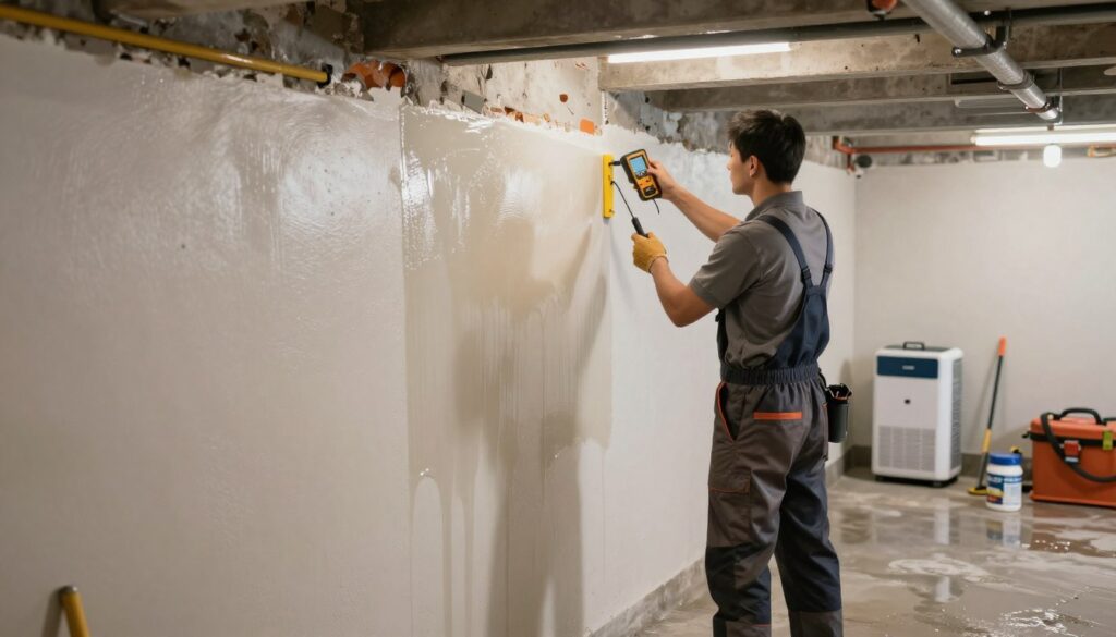 A well-lit interior basement space showcasing moisture control techniques. In the foreground, a professional contractor in modest work attire inspects and measures the damp walls using a moisture meter. The middle ground features a partially visible wall, treated with a waterproof sealant, revealing a smooth, shiny surface, while the floor shows a layer of epoxy designed to prevent water penetration. In the background, a dehumidifier operates quietly, and proper ventilation prevents moisture buildup, with tools and materials neatly arranged. The angle captures the essence of a practical basement environment, emphasizing cleanliness and efficiency. Soft, bright lighting enhances the sense of a well-maintained space, showcasing effective interior waterproofing solutions. The mood is professional, focused, and solution-oriented. A well-lit interior basement space showcasing moisture control techniques. In the foreground, a professional contractor in modest work attire inspects and measures the damp walls using a moisture meter. The middle ground features a partially visible wall, treated with a waterproof sealant, revealing a smooth, shiny surface, while the floor shows a layer of epoxy designed to prevent water penetration. In the background, a dehumidifier operates quietly, and proper ventilation prevents moisture buildup, with tools and materials neatly arranged. The angle captures the essence of a practical basement environment, emphasizing cleanliness and efficiency. Soft, bright lighting enhances the sense of a well-maintained space, showcasing effective interior waterproofing solutions. The mood is professional, focused, and solution-oriented.