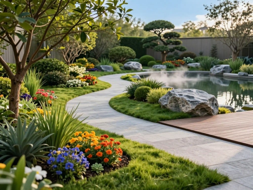 A beautifully designed landscape showcasing the key components of landscaping, featuring a division between softscape and hardscape. In the foreground, vibrant flower beds filled with a variety of colorful plants, lush green lawns, and shaded areas with ornamental trees represent softscape. In the middle, elegant stone pathways, a wooden deck, and well-placed granite boulders exemplify hardscape elements, seamlessly integrated with the surrounding greenery. In the background, a serene garden pond reflecting the clear blue sky, with a gentle mist hovering above the water, enhances the tranquil atmosphere. The lighting is soft and warm, suggesting late afternoon, with a slightly shallow depth of field to focus on the intricate details of both softscape and hardscape, creating an inviting and harmonious setting.