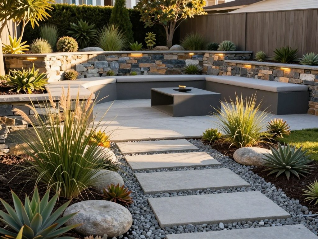 A beautifully designed low-maintenance front yard featuring smart hardscape strategies. In the foreground, a neat arrangement of large, smooth gravel stones creates a minimalist pathway bordered by drought-resistant plants like ornamental grasses and succulents. In the middle ground, elegant concrete pavers form a functional seating area with sleek, modern outdoor furniture. The background showcases varied heights of retaining walls made from local stone, incorporating sustainable landscaping techniques and integrated lighting for evening ambiance. The scene is bathed in warm, golden sunlight, casting soft shadows that enhance the textures of the hardscape, conveying a serene, inviting atmosphere. The image is captured from a slightly elevated angle to showcase the layout and design elements harmoniously. No human subjects present. A beautifully designed low-maintenance front yard featuring smart hardscape strategies. In the foreground, a neat arrangement of large, smooth gravel stones creates a minimalist pathway bordered by drought-resistant plants like ornamental grasses and succulents. In the middle ground, elegant concrete pavers form a functional seating area with sleek, modern outdoor furniture. The background showcases varied heights of retaining walls made from local stone, incorporating sustainable landscaping techniques and integrated lighting for evening ambiance. The scene is bathed in warm, golden sunlight, casting soft shadows that enhance the textures of the hardscape, conveying a serene, inviting atmosphere. The image is captured from a slightly elevated angle to showcase the layout and design elements harmoniously. No human subjects present.