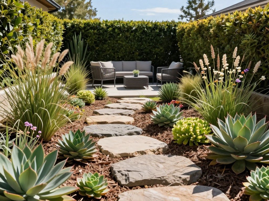 A beautifully designed low-maintenance front yard showcasing a variety of drought-resistant plants like succulents, ornamental grasses, and native wildflowers. In the foreground, a sleek rock pathway winds through well-arranged plantings, creating a welcoming entrance. The middle ground features a small, modern sitting area with stylish outdoor furniture surrounded by mulch beds that reduce weeds and conserve moisture. In the background, a neatly trimmed hedge adds privacy while contrasting with a clear blue sky. Soft, natural sunlight casts gentle shadows, enhancing the lush colors of the foliage. The atmosphere is serene and inviting, embodying the concept of effortless elegance in landscaping. The image should provide a sense of tranquility and low upkeep in outdoor spaces. A beautifully designed low-maintenance front yard showcasing a variety of drought-resistant plants like succulents, ornamental grasses, and native wildflowers. In the foreground, a sleek rock pathway winds through well-arranged plantings, creating a welcoming entrance. The middle ground features a small, modern sitting area with stylish outdoor furniture surrounded by mulch beds that reduce weeds and conserve moisture. In the background, a neatly trimmed hedge adds privacy while contrasting with a clear blue sky. Soft, natural sunlight casts gentle shadows, enhancing the lush colors of the foliage. The atmosphere is serene and inviting, embodying the concept of effortless elegance in landscaping. The image should provide a sense of tranquility and low upkeep in outdoor spaces.
