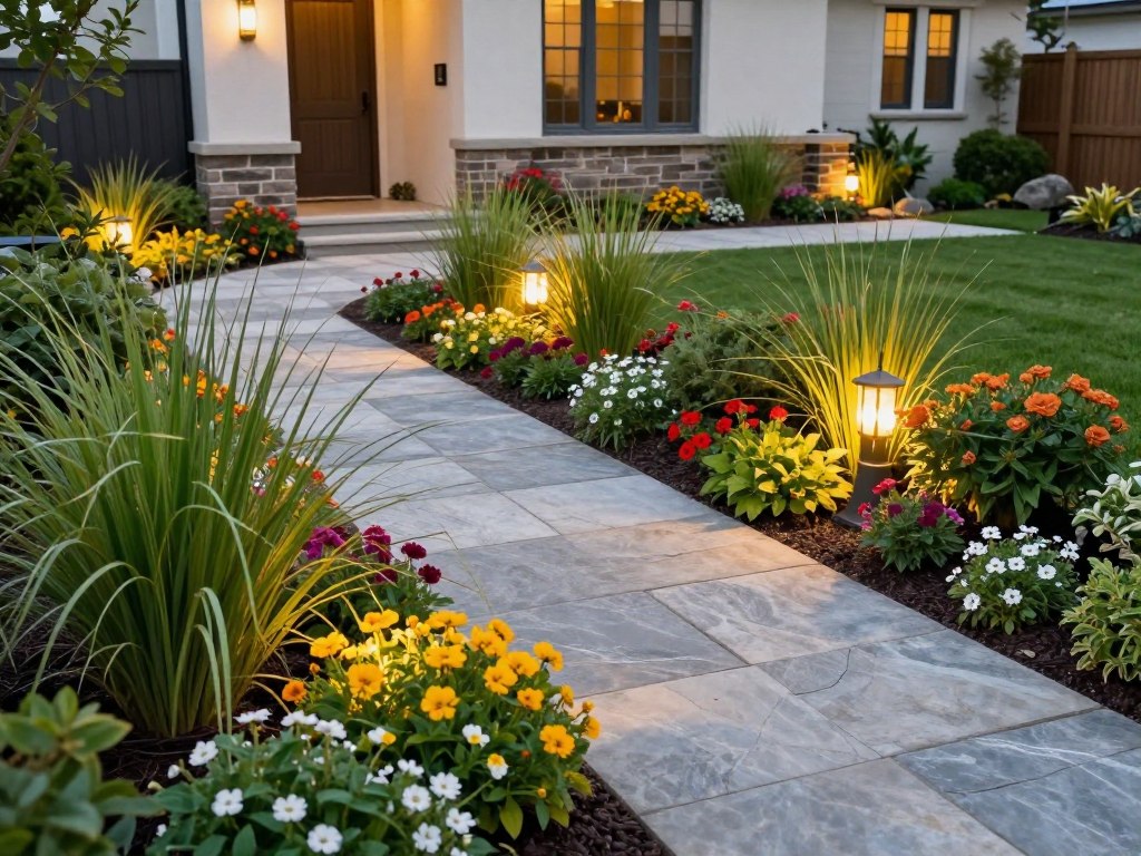 A beautifully landscaped front yard design showcasing low-maintenance features for curb appeal. In the foreground, a tidy pathway of natural stone leads up to a charming, modern home. Lush, drought-resistant plants like ornamental grasses and colorful perennials frame the pathway. In the middle ground, strategically placed outdoor lighting illuminates the foliage, creating a warm, inviting glow as twilight sets in. The background features a neatly trimmed lawn and a decorative stone border that enhances the overall design without overwhelming it. Capture the scene from a slightly elevated angle, allowing the viewer to appreciate the harmonious blend of colors and textures. The atmosphere should convey tranquility and sophistication, ideal for practical yet stylish landscaping ideas. Ensure the image is bright and vibrant, reflecting a cheerful yet elegant vibe. A beautifully landscaped front yard design showcasing low-maintenance features for curb appeal. In the foreground, a tidy pathway of natural stone leads up to a charming, modern home. Lush, drought-resistant plants like ornamental grasses and colorful perennials frame the pathway. In the middle ground, strategically placed outdoor lighting illuminates the foliage, creating a warm, inviting glow as twilight sets in. The background features a neatly trimmed lawn and a decorative stone border that enhances the overall design without overwhelming it. Capture the scene from a slightly elevated angle, allowing the viewer to appreciate the harmonious blend of colors and textures. The atmosphere should convey tranquility and sophistication, ideal for practical yet stylish landscaping ideas. Ensure the image is bright and vibrant, reflecting a cheerful yet elegant vibe.