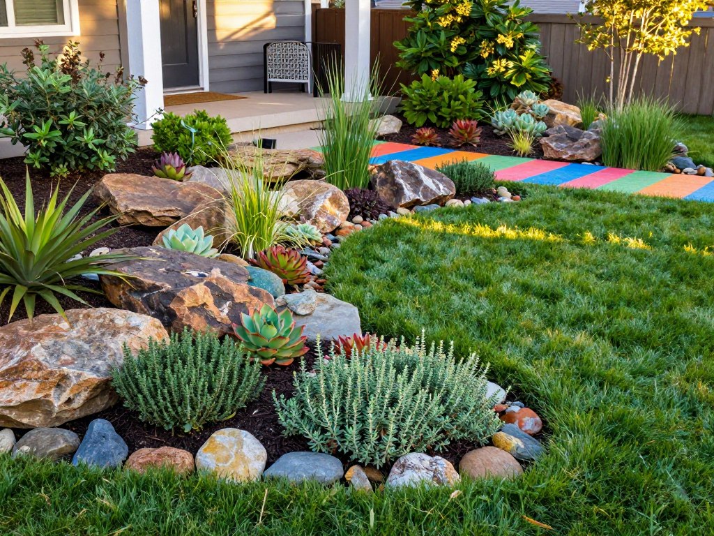 A beautifully landscaped front yard showcasing practical alternatives to traditional grass lawns. In the foreground, there are vibrant, low-maintenance ground covers like creeping thyme and ornamental stones interspersed with colorful drought-resistant succulents. In the middle ground, a thoughtfully designed rock garden features various sizes of rocks and ornamental grasses, providing texture and visual interest. Brightly colored pavers create a decorative walkway leading to a stylish front porch. In the background, lush native plants are artfully arranged, enhancing the landscape’s ecological appeal. The scene is bathed in warm, golden sunlight that softly illuminates the textures and colors, evoking a serene and inviting atmosphere. Capture the angle from slightly above, creating a comprehensive view of the space and emphasizing the harmony of practical landscaping alternatives. A beautifully landscaped front yard showcasing practical alternatives to traditional grass lawns. In the foreground, there are vibrant, low-maintenance ground covers like creeping thyme and ornamental stones interspersed with colorful drought-resistant succulents. In the middle ground, a thoughtfully designed rock garden features various sizes of rocks and ornamental grasses, providing texture and visual interest. Brightly colored pavers create a decorative walkway leading to a stylish front porch. In the background, lush native plants are artfully arranged, enhancing the landscape’s ecological appeal. The scene is bathed in warm, golden sunlight that softly illuminates the textures and colors, evoking a serene and inviting atmosphere. Capture the angle from slightly above, creating a comprehensive view of the space and emphasizing the harmony of practical landscaping alternatives.