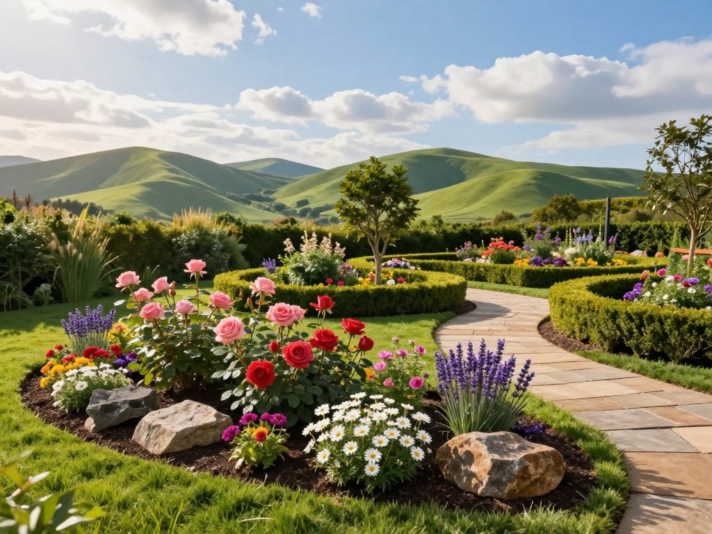 A comprehensive overview of landscaping elements in a vibrant garden setting, captured in a high-resolution image. In the foreground, showcase a neatly arranged flower bed with a variety of colorful blooms, such as roses, daisies, and lavender, alongside decorative stones. The middle ground features carefully manicured hedges and small trees, with a winding pathway made of natural stone leading the viewer’s eye deeper into the scene. In the background, illustrate rolling green hills under a clear blue sky, with soft sunlight filtering through scattered clouds, creating a warm and inviting atmosphere. Use a wide-angle lens perspective to encompass the full breadth of the landscape design, emphasizing the harmony and beauty of the outdoor space. The mood should be serene and uplifting, perfect for representing the essence of landscaping.