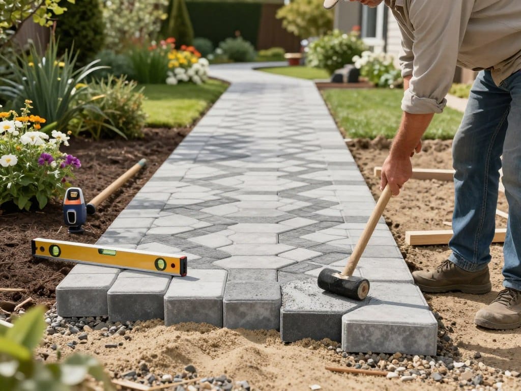 A detailed illustration of a paver walkway installation guide, featuring a well-organized construction site scene. In the foreground, a professional contractor in modest casual clothing is laying pavers in an attractive pattern onto a prepared base of gravel and sand. The middle ground shows tools like a leveling laser, a rubber mallet, and a spirit level, essential for precise installation. In the background, a landscaped garden offers a serene atmosphere, with blooming flowers and green shrubs framing the walkway. Soft, diffused sunlight illuminates the scene, casting gentle shadows for a realistic effect. The perspective is slightly angled, providing depth to the walkway leading into the lush garden, emphasizing the importance of proper installation for aesthetic and structural integrity. A detailed illustration of a paver walkway installation guide, featuring a well-organized construction site scene. In the foreground, a professional contractor in modest casual clothing is laying pavers in an attractive pattern onto a prepared base of gravel and sand. The middle ground shows tools like a leveling laser, a rubber mallet, and a spirit level, essential for precise installation. In the background, a landscaped garden offers a serene atmosphere, with blooming flowers and green shrubs framing the walkway. Soft, diffused sunlight illuminates the scene, casting gentle shadows for a realistic effect. The perspective is slightly angled, providing depth to the walkway leading into the lush garden, emphasizing the importance of proper installation for aesthetic and structural integrity.