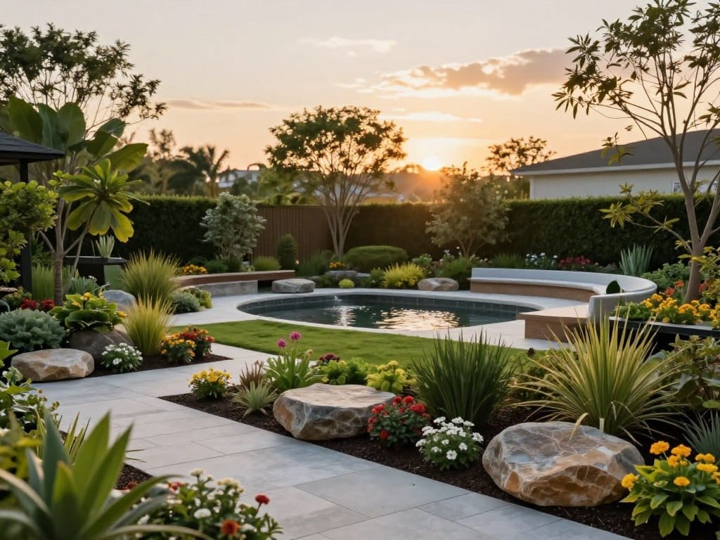 A detailed landscape scene representing an overview of landscaping costs, featuring a beautifully maintained garden with various plants, flowers, and hardscaping elements such as paved paths and decorative stones in the foreground. In the middle ground, include a serene area with a small water feature, such as a pond or fountain, surrounded by carefully placed seating areas. The background should showcase a variety of trees and shrubs, with a soft focus on a beautiful sunset sky casting warm golden hues, illuminating the scene. Utilize natural lighting to emphasize the textures of the plants and hardscape materials. Capture the image from a slightly elevated angle to provide a comprehensive view of the entire landscaped area, evoking a sense of tranquility and professionalism, ideal for showcasing typical costs associated with landscaping projects.