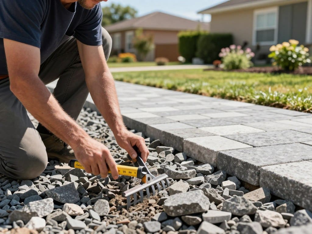 A detailed view of a professional landscape worker preparing a paver walkway base. In the foreground, the worker is kneeling, focused on leveling a bed of crushed stone, using a rake and measuring tools. Their attire is modest casual, emphasizing a professional feel. In the middle ground, a partially installed paver walkway is visible, showcasing the alignment of different stone patterns. The background features a suburban garden with neatly trimmed grass and flowering plants, bathed in natural sunlight, casting soft shadows. The overall atmosphere conveys a sense of diligence and craftsmanship, with clear blue skies enhancing the outdoor scene. The image incorporates a shallow depth of field to focus on the worker and the base preparation process. A detailed view of a professional landscape worker preparing a paver walkway base. In the foreground, the worker is kneeling, focused on leveling a bed of crushed stone, using a rake and measuring tools. Their attire is modest casual, emphasizing a professional feel. In the middle ground, a partially installed paver walkway is visible, showcasing the alignment of different stone patterns. The background features a suburban garden with neatly trimmed grass and flowering plants, bathed in natural sunlight, casting soft shadows. The overall atmosphere conveys a sense of diligence and craftsmanship, with clear blue skies enhancing the outdoor scene. The image incorporates a shallow depth of field to focus on the worker and the base preparation process.