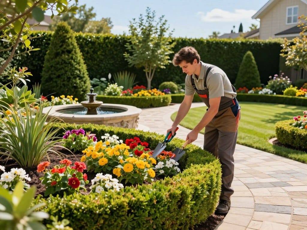 A professional landscaper in a neatly maintained garden, showcasing different landscaping elements, such as vibrant flower beds, neatly trimmed hedges, and ornamental stone pathways. In the foreground, the landscaper, dressed in professional attire, inspects a beautifully arranged flower bed, equipped with tools like pruning shears and a trowel. In the middle ground, additional landscaping features like a small water feature and lush greenery highlight the craftsmanship and attention to detail. In the background, a well-maintained lawn contrasts with a clear blue sky, creating a serene, inviting atmosphere. Warm natural lighting emphasizes the rich colors of the plants, enhancing the overall appeal of professional landscaping services. The composition is dynamic yet balanced, illustrating the artistry of landscaping.