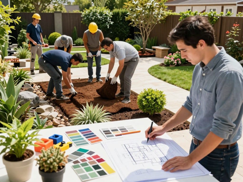 A professional landscaping design scene showcasing the collaboration between designers and installers. In the foreground, a landscape designer, dressed in smart casual attire, is reviewing blueprints on a table surrounded by vibrant plant samples and tools. The middle ground features a group of skilled landscape installers actively working, laying down sod and planting shrubs, while discussing plans with the designer. The background displays a well-manicured garden with pathways, decorative stones, and flowering plants under bright, natural sunlight, evoking a sense of teamwork and creativity. The atmosphere is lively and productive, capturing the transition from design to installation. Use a wide-angle lens to encompass both detail and context, enhancing the depth of the scene.