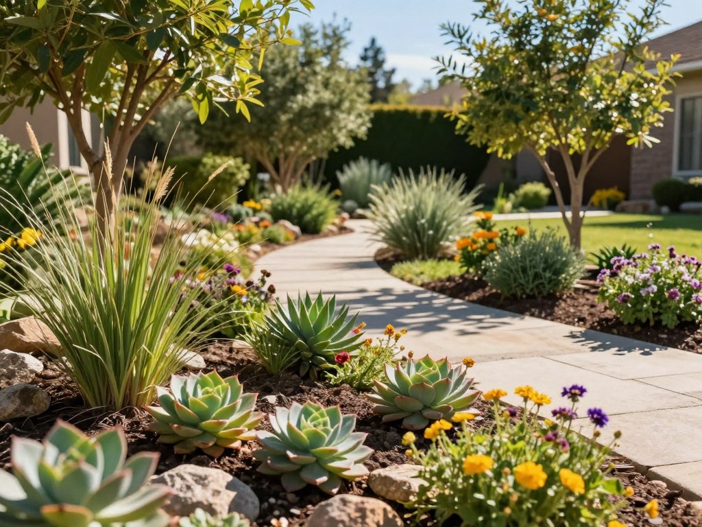 A serene front yard showcasing a variety of native and drought-tolerant plants, thoughtfully arranged for an appealing landscape. In the foreground, vibrant succulents, ornamental grasses, and colorful wildflowers flourish in a rock garden bed, creating a low-maintenance aesthetic. The middle ground features neatly arranged pavers leading to a charming pathway, bordered by native shrubs and small trees that provide a sense of depth. In the background, a soft-focus view of a sunlit garden with a clear blue sky enhances the inviting atmosphere. Warm sunlight casts gentle shadows, emphasizing the lush textures of the plants. Capture this scene from a slight angle to highlight the plant arrangements and pathway, conveying a peaceful and sustainable outdoor space. A serene front yard showcasing a variety of native and drought-tolerant plants, thoughtfully arranged for an appealing landscape. In the foreground, vibrant succulents, ornamental grasses, and colorful wildflowers flourish in a rock garden bed, creating a low-maintenance aesthetic. The middle ground features neatly arranged pavers leading to a charming pathway, bordered by native shrubs and small trees that provide a sense of depth. In the background, a soft-focus view of a sunlit garden with a clear blue sky enhances the inviting atmosphere. Warm sunlight casts gentle shadows, emphasizing the lush textures of the plants. Capture this scene from a slight angle to highlight the plant arrangements and pathway, conveying a peaceful and sustainable outdoor space.