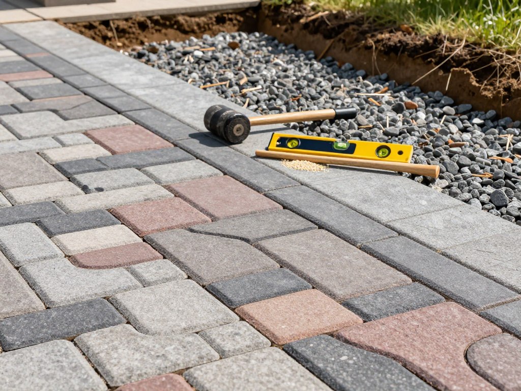 A step-by-step guide to paver installation, showcasing an outdoor scene with a beautifully designed paver walkway. In the foreground, depict a detailed illustration of freshly laid pavers in a neat pattern, highlighting various shapes and colors. In the middle ground, include tools commonly used for installation, such as a rubber mallet, leveling tool, and sand for joint filling, arranged neatly. In the background, show a partially dug trench with a sturdy gravel base, emphasizing the importance of a solid foundation. The lighting should be bright and natural, suggesting a sunny day, with soft shadows to enhance the textures. Capture a serene and productive atmosphere, inviting viewers to envision a successful DIY project. A step-by-step guide to paver installation, showcasing an outdoor scene with a beautifully designed paver walkway. In the foreground, depict a detailed illustration of freshly laid pavers in a neat pattern, highlighting various shapes and colors. In the middle ground, include tools commonly used for installation, such as a rubber mallet, leveling tool, and sand for joint filling, arranged neatly. In the background, show a partially dug trench with a sturdy gravel base, emphasizing the importance of a solid foundation. The lighting should be bright and natural, suggesting a sunny day, with soft shadows to enhance the textures. Capture a serene and productive atmosphere, inviting viewers to envision a successful DIY project.