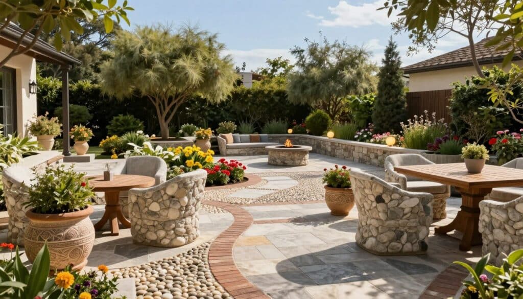 A beautifully designed outdoor patio featuring various hardscape elements like patterned stone and paver walkways gracefully connecting lush garden beds. In the foreground, elegant stone chairs and a wooden table are arranged for gatherings, surrounded by decorative planters. In the middle, intricate pathways of smooth pebbles and rustic bricks wind through vibrant blooms, leading to focal features such as a tasteful fire pit and accent lighting. The background showcases gently swaying trees and a clear blue sky, creating a serene atmosphere. Soft, warm sunlight casts gentle shadows, enhancing the textures of the stones. The image captures an inviting and harmonious outdoor space that emphasizes the blend of natural beauty and hardscaping elements.