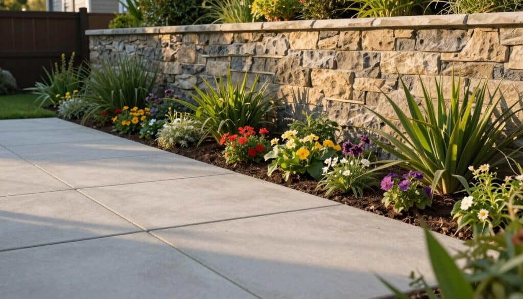 A beautifully landscaped patio featuring light gray concrete pavers, nestled beside a gently sloped planting bed filled with vibrant flowers and lush greenery. In the background, a sturdy retaining wall made of textured stone blocks adds visual interest and structure to the scene. The setting is bathed in warm, late afternoon sunlight, creating soft shadows that enhance the textures of the pavers and plants. A slight perspective from a low angle captures the depth of the planting bed, with the wall rising elegantly behind it. The atmosphere is tranquil and inviting, perfect for outdoor relaxation and gardening, emphasizing the harmony between hardscaping and nature.