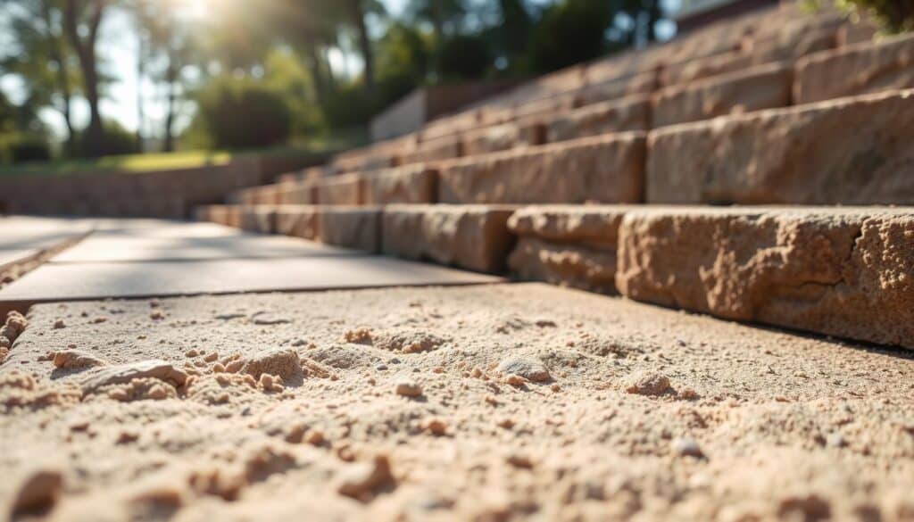 A close-up view of fresh joint sand between walkway pavers, highlighting a range of textured stones in various earthy tones. In the foreground, the sand fills the gaps between the well-aligned pavers, showcasing a meticulous installation. Slightly blurred stone steps rise in the background, adding depth to the scene. The sunlight filters softly through nearby trees, casting gentle shadows and enhancing the natural textures of the materials. The angle captures both the details of the sand and the robustness of the stone steps, creating a serene and inviting atmosphere. The image conveys a sense of quality craftsmanship and highlights the beauty of outdoor spaces.