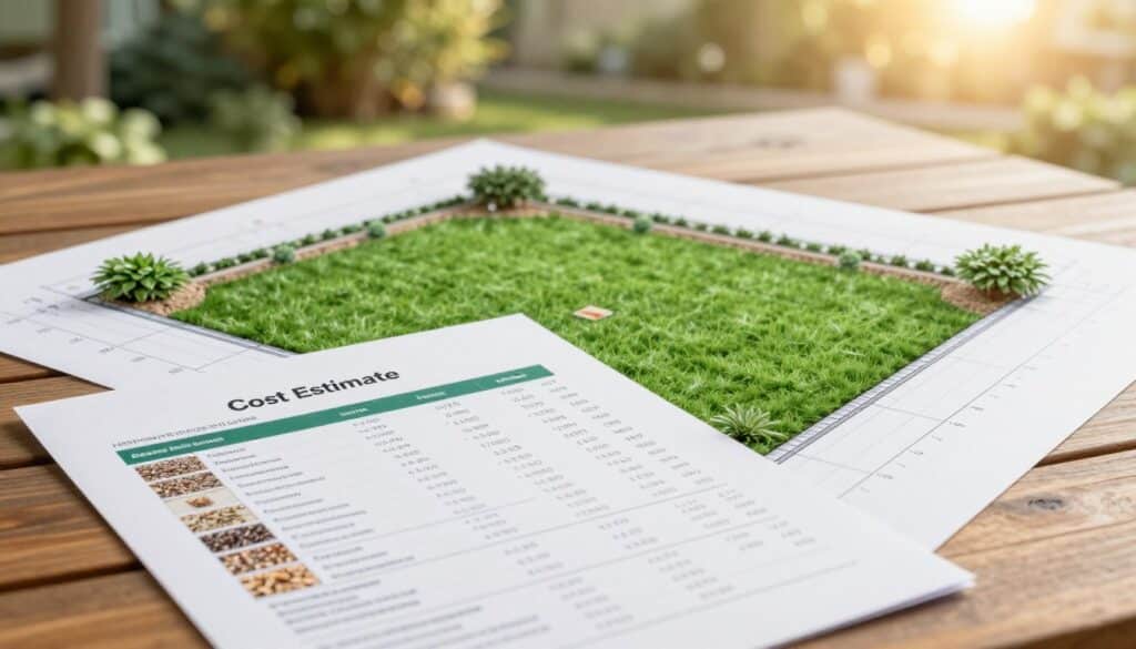 A detailed and professional image showcasing a hydroseeding cost estimate placed beside a measured lawn plan. In the foreground, the cost estimate document is clearly visible, with illustrations of seed types and pricing details, set on a wooden table. The lawn plan, meticulously drawn with measurements and garden features, occupies the middle ground, featuring vibrant green lines indicating landscaping. The background includes a softly out-of-focus, sunlit garden scene, with blurred trees and a peaceful atmosphere. The lighting is warm, giving a sense of clarity and professionalism, with a slight angle from above to capture both documents effectively. The overall mood conveys an informative and organized approach to lawn care options.