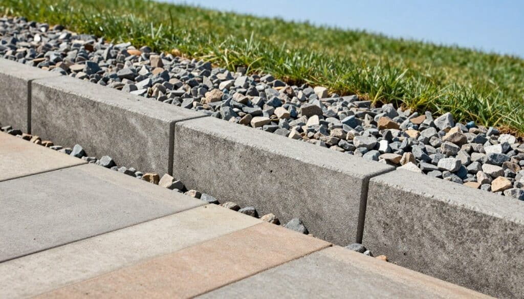A detailed cross-section view of a retaining wall showcasing level aggregate base and drainage gravel behind it. In the foreground, depict the textured surface of concrete pavers with varying shades of gray and earthy tones. The middle section should feature a well-constructed retaining wall with retaining wall blocks set at an angle, displaying their rugged texture. Behind the wall, illustrate layers of clean, crushed gravel, carefully leveled to ensure proper drainage, with small stones and pebbles visible. The background should include a sunny landscape, highlighting lush green grass and a clear blue sky. Use soft natural lighting to create an inviting atmosphere, and employ a slight tilt-angle to capture the depth and layers effectively.