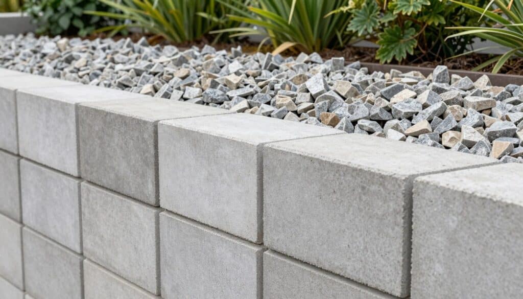 A detailed view of interlocking concrete wall blocks, arranged neatly with an emphasized focus on the individual textures and colors of the blocks. Behind the wall, a layer of fine, angular drainage gravel is visible, indicating a well-structured drainage system. The foreground includes the sharp, defined edges of the wall blocks, while the middle ground showcases the gravel, subtly glistening under soft, diffuse sunlight. In the background, a serene, blurred garden scene with lush green foliage provides context. The atmosphere is calm and orderly, suggesting a blend of functionality and aesthetic appeal. The lighting is bright yet soft, with a slightly elevated angle to capture all elements clearly, highlighting the essential features of the retaining wall construction. No people or texts are present in the image.