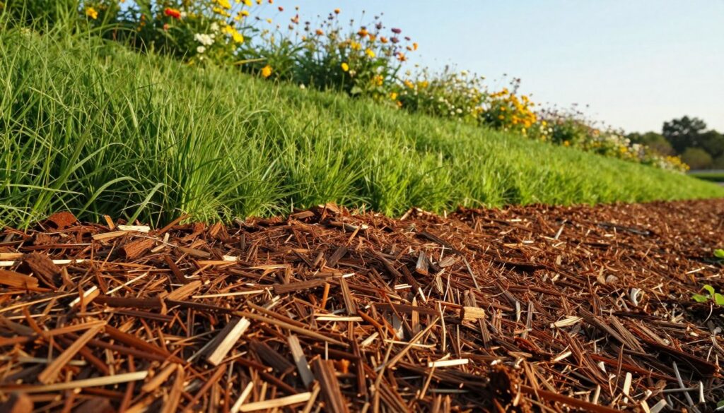 A lush green hydroseeded slope, freshly coated in rich wood fiber mulch, creates a vibrant landscape. In the foreground, the texture of the mulch is visible, showcasing its natural brown hues interspersed with fine wood fibers. The middle ground features the newly seeded grass, sprouting in various shades of green, thriving under the gentle sunlight. The slope is framed by an array of wildflowers blooming in the background, adding splashes of color. The sky is a clear blue, with soft, warm lighting enhancing the freshness of the scene. The angle captures a slight elevation of the slope, creating depth and showcasing the meticulous layering of mulch over the hydroseeded area. The overall mood is serene and rejuvenating, emphasizing the importance of eco-friendly landscaping techniques.