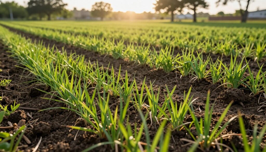 A lush, rejuvenating scene of hydroseeded seedlings beginning to fill a bare lawn, showcasing young green grass sprouts emerging through rich, dark soil. In the foreground, clusters of delicate seedlings are vibrant and fresh, creating an inviting texture. The middle ground features patches of rich, dark earth yet to sprout, illustrating the transformation process. In the background, the sun casts a gentle golden light, enhancing the green hues of the new growth and illuminating a few distant trees. The perspective is at a low angle, looking slightly up towards the sky, conveying a sense of growth and renewal. The atmosphere is serene and optimistic, evoking a feeling of hope and rejuvenation in a well-maintained outdoor space.