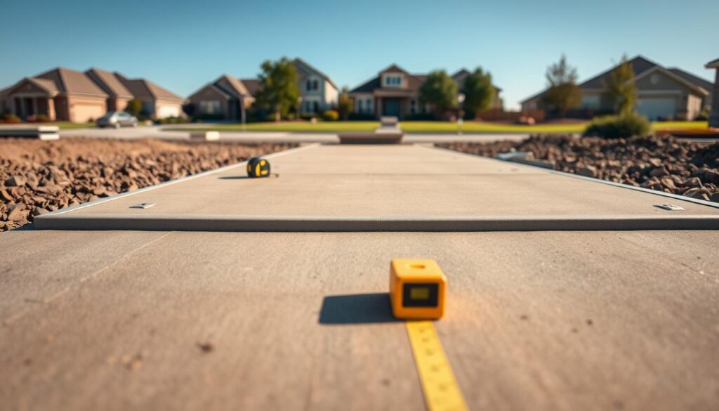 A meticulously arranged driveway forms set along perfectly measured edges, positioned on a sturdy ground prepared for concrete installation. In the foreground, focus on the crisp, clean lines of the forms, showcasing their alignment and precision. The middle ground features tools such as a level and tape measure, highlighting the careful planning involved in the process. In the background, a sunny suburban setting with a clear blue sky enhances the atmosphere of an active construction site. Soft shadows cast by the forms imply the mid-afternoon light, creating a warm, inviting mood. The image captures a professional and organized workspace, emphasizing the importance of preparation for a successful concrete placement.