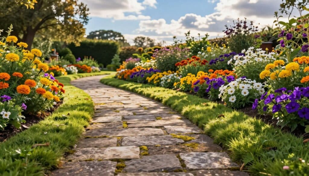A picturesque stone path winding through a lush lawn, gently curving towards vibrant flower beds filled with colorful blooms. In the foreground, the textured stones, mottled with hints of moss, lead softly into the heart of the garden. The middle ground features a well-maintained, verdant lawn, dotted with shade from nearby trees, providing a natural frame to the path. Bright flower beds burst with a variety of flowers, such as marigolds, daisies, and petunias, showcasing an array of colors from yellows to purples. In the background, a clear blue sky with soft, fluffy clouds enhances the serene atmosphere. The scene is bathed in warm, golden sunlight, evoking a inviting and tranquil mood, captured through a wide-angle lens for a depth of field that highlights the beauty of the landscape.