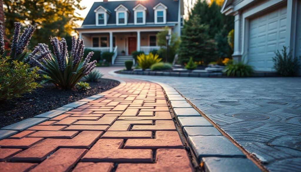 A picturesque view of a New England home showcasing a beautifully landscaped walkway featuring three types of surfaces: pavers, bluestone, and stamped concrete. In the foreground, the vibrant, textured pavers are arranged in a charming pattern, leading towards the rustic charm of the home. The middle ground features the smooth, cool tones of bluestone, blending seamlessly with the green surroundings. In the background, the stamped concrete offers a decorative finish, providing contrast to the natural elements. The scene is bathed in soft, warm afternoon light, with elongated shadows creating a peaceful atmosphere. The focus is on the walkway materials, inviting viewers to appreciate the craftsmanship and aesthetic of each surface while highlighting the elegance of the New England architecture.
