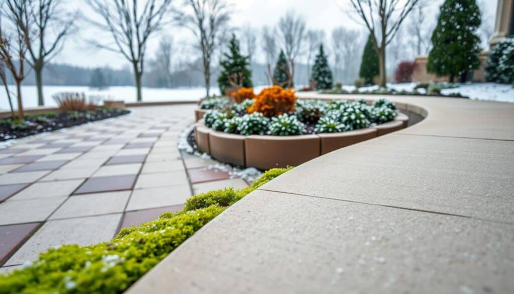 A picturesque winter garden path lined with elegant pavers and textured concrete surfaces, showcasing a harmonious blend of materials. In the foreground, vibrant green moss peeks through the gaps between the pavers, while delicate snowflakes settle on the smooth concrete surface, reflecting soft natural light. The middle ground features well-organized flower beds with a variety of winter-resistant plants, adding color to the scene. The background reveals a gentle snowfall against a soft-focus landscape of bare trees and a serene, cloudy sky. The atmosphere is tranquil and inviting, evoking a sense of calm and beauty in winter. The shot is taken from a low angle to emphasize the walkway’s winding path, capturing the essence of outdoor elegance and design.