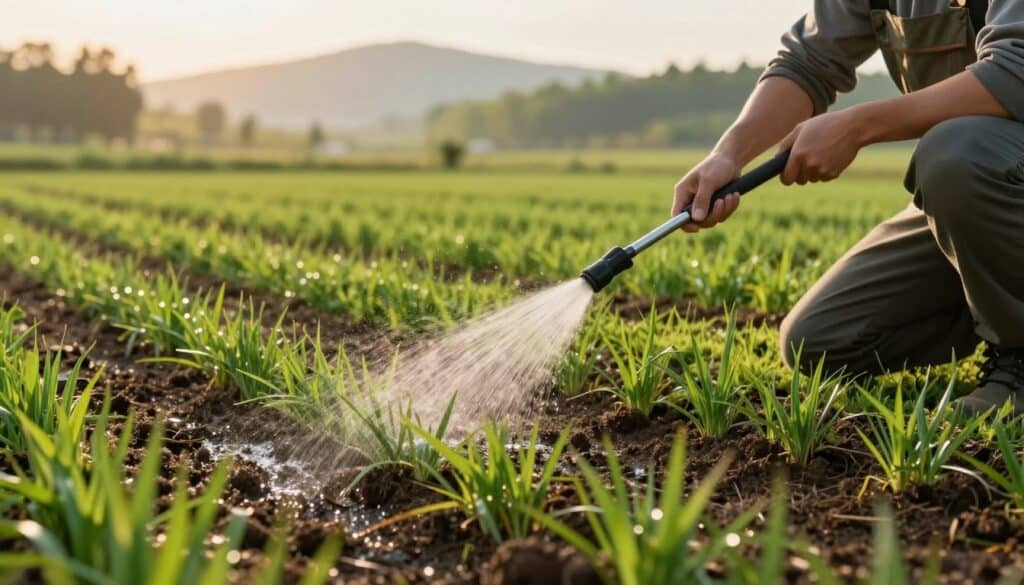 A serene scene of gentle watering in a hydroseeded seedbed, showcasing lush, vibrant green grass emerging from the soil. In the foreground, a professional gardener in modest casual clothing kneels with a handheld sprayer, carefully misting the seedbed. The middle ground features a rich tapestry of wet soil dotted with small grass seeds, glistening under the soft early morning sunlight. The background reveals a blurred landscape of rolling hills and trees, bathed in warm, golden light that enhances the calm atmosphere. This image captures the delicate balance of nurturing new growth, emphasizing the importance of moisture in establishing a thriving lawn. The overall mood is peaceful and nurturing, with a focus on the beauty of nature’s revival.