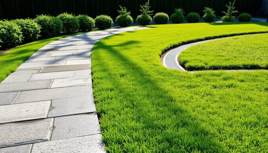 A serene walkway gracefully crossing a lush, wet lawn, showcasing careful drainage planning. In the foreground, the pathway is made of natural bluestone pavers, their textured surfaces glistening with moisture. The middle ground features well-designed drainage channels, subtly integrated into the landscape, guiding excess water away from the pathway. The background reveals verdant shrubs and small ornamental trees, their leaves lightly dampened by recent rainfall, enhancing the vibrant green of the lawn. The scene is bathed in soft, diffused sunlight, creating gentle shadows that add depth to the composition. The atmosphere is tranquil and inviting, evoking a sense of harmony between nature and thoughtful landscape architecture.