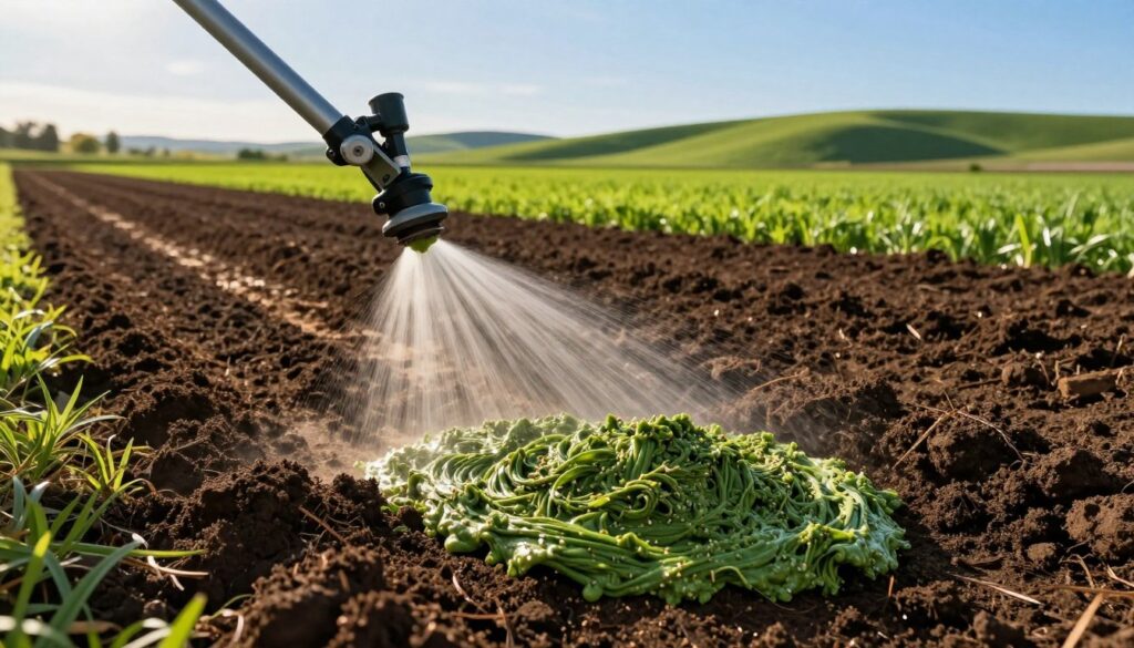 A vibrant scene depicting hydroseeding slurry being sprayed across freshly prepared soil in a lush green landscape. In the foreground, a high-powered hydroseeding machine is actively spraying a thick, green slurry, creating a fine mist as it covers the soil. The texture of the slurry is rich and gooey, blending seeds and nutrients. In the middle ground, you can see the damp soil, perfectly tilled and ready for seeding, with patches of dark, rich earth highlighted by the sunlight. In the background, gentle hills and a clear blue sky create a bright, optimistic atmosphere. The lighting is warm and golden, simulating late afternoon sun, enhancing the colors of the soil and slurry. The angle is slightly elevated, providing a comprehensive view of the hydroseeding process, evoking a sense of innovation in gardening techniques.