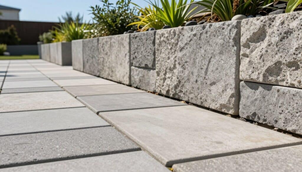 Concrete pavers are arranged neatly alongside textured retaining wall blocks in a well-lit outdoor setting. The foreground features a close-up view of the pavers with a smooth, modern finish, showcasing their varied shapes and colors, contrasting beautifully against the rugged, stone-like texture of the retaining wall blocks. In the middle ground, a carefully landscaped garden with vibrant green plants and small decorative stones frames the scene, adding depth and richness. The background consists of a clear blue sky and gentle sunlight casting soft shadows, creating an inviting atmosphere. The overall mood is tranquil and elegant, highlighting the functionality and aesthetics of both concrete pavers and retaining wall blocks.