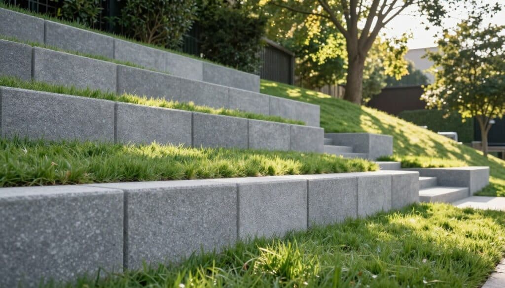 Stepped retaining wall blocks elegantly ascend a gently sloping yard, showcasing an expertly designed landscape. In the foreground, vibrant green grass contrasts against the textured gray concrete blocks, highlighting their robust structure. The middle ground features a series of neatly arranged retaining wall blocks, artfully stacked to create a functional and attractive feature that retains soil. In the background, soft sunlight filters through scattered trees, casting dappled shadows that enhance the serene ambiance. The scene is captured from a low angle to emphasize the height of the wall and the slope of the yard, evoking a sense of harmony between nature and craftsmanship. The overall mood is tranquil and inviting, perfect for a landscape that balances aesthetics and utility.